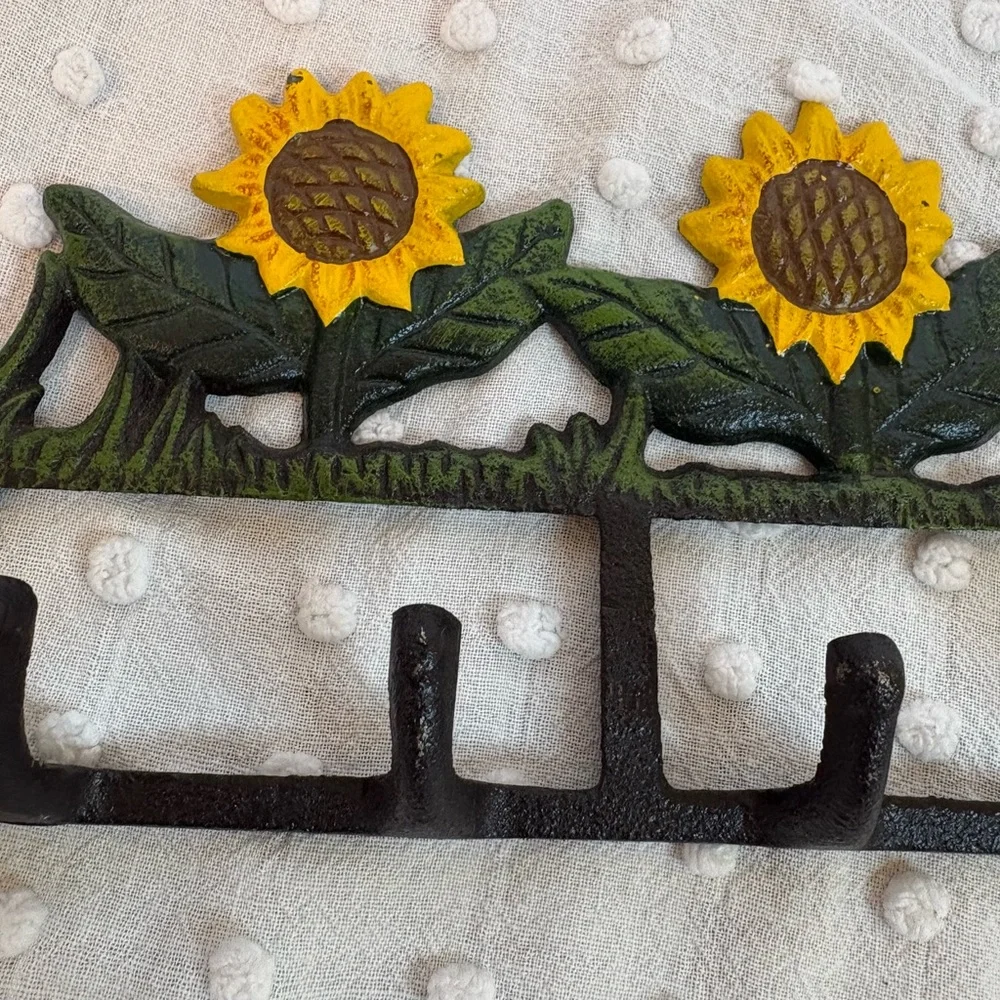 VINTAGE Farmhouse Cast Iron HOOK WALL HANGER Sunflowers
